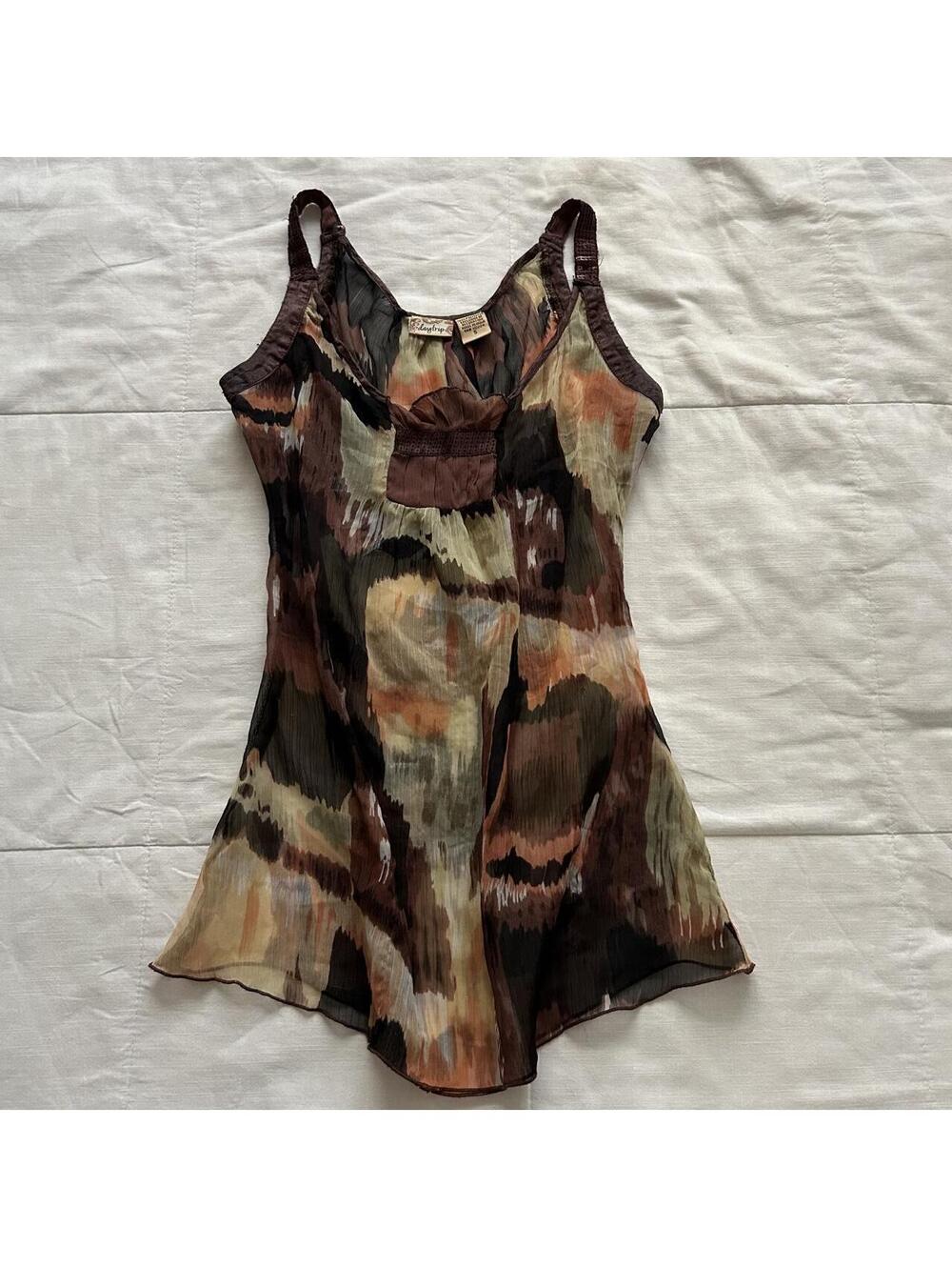 Daytrip Brown Abstract Print Chiffon Cami Y2K Pleated Keyhole Tank Top Size S
